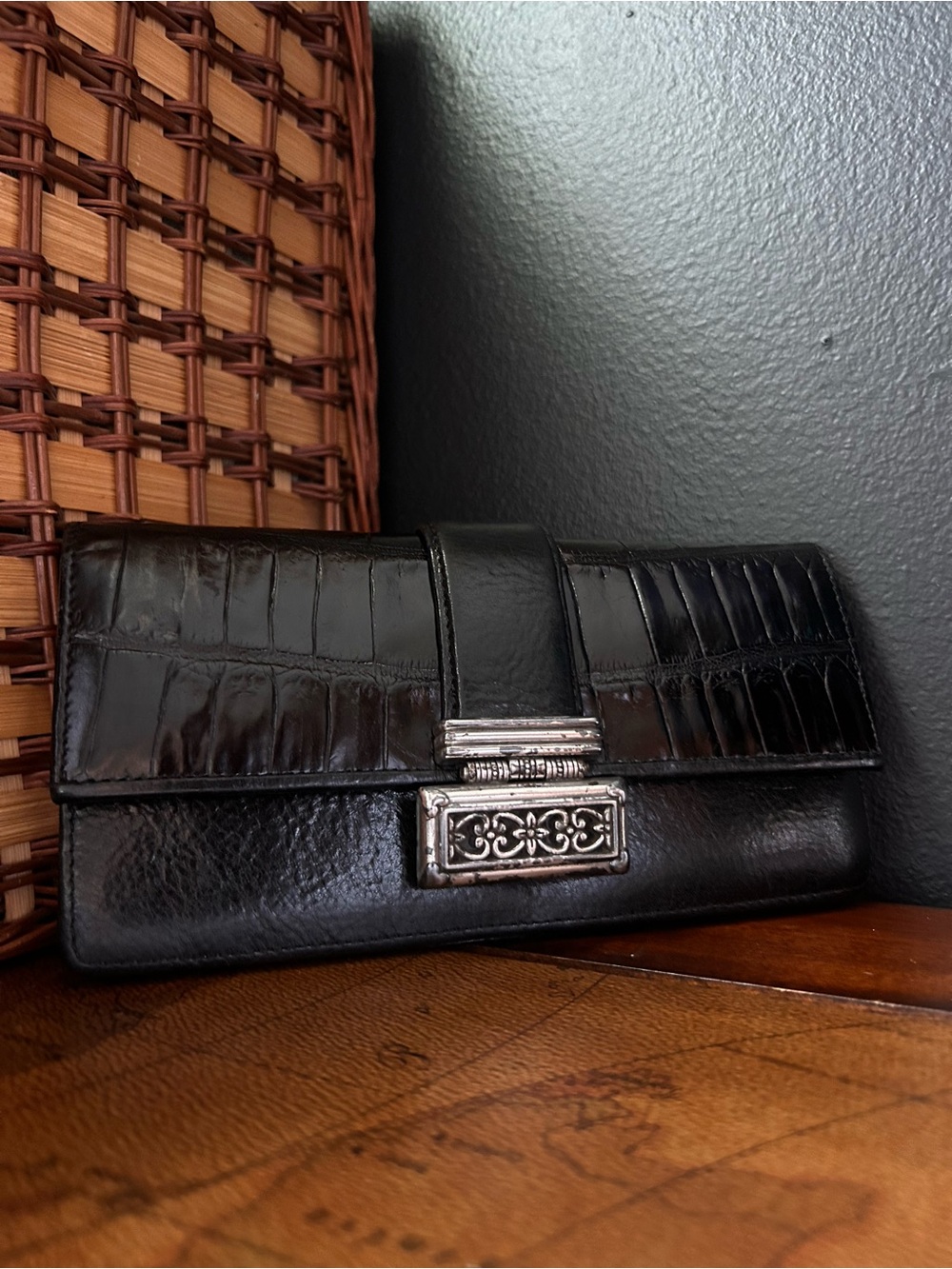 vintage Brighton croc-embossed black leather crossbody wallet